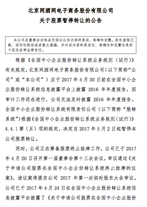 网酒网股票暂停公告