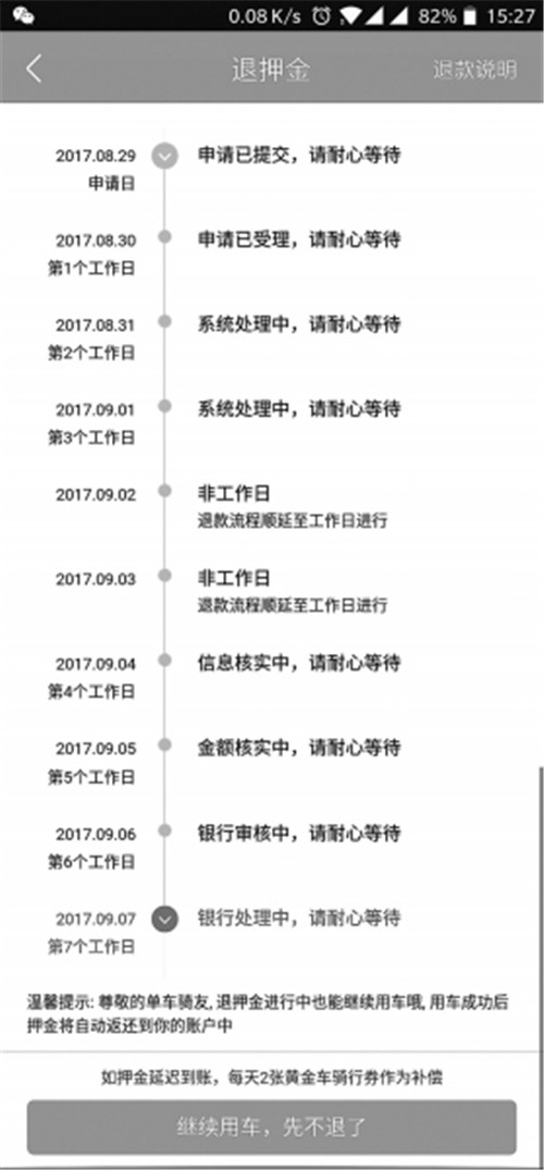 报料人任先生申请退款后，押金迟迟不到账。