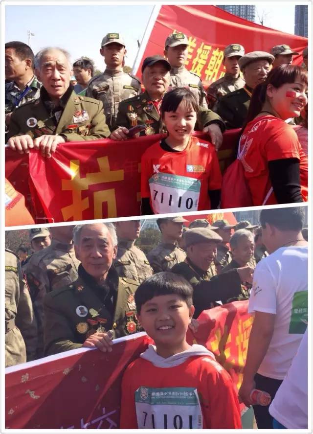 其中郑州会展路小马拉松起点，河南猎鹰老兵俱乐部的退伍军人与抗美援朝老兵助力马拉松，引发全场热情。小朋友向老兵们致敬！