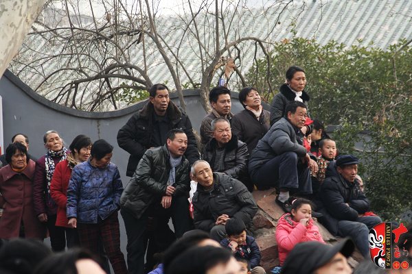 人民公园演出现场挤满了观众，图为观众爬上假山山头