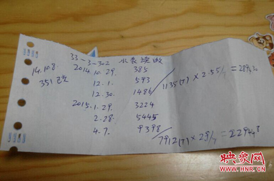 物业会计为张先生抄录的水表读数单，张先生曾试图对原水费通知单进行拍照，被拒
