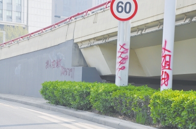 电线杆、立交桥等被喷涂，严重影响了市容。
