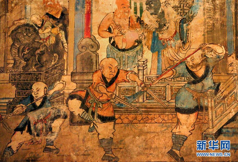 少林寺白衣殿内的墙上表现少林武僧习武练拳的壁画(局部,2005年9月15日摄)。