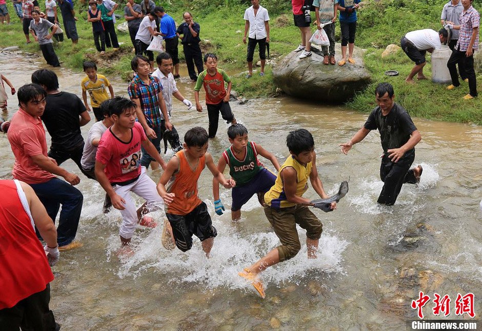 7月9日，村民在小河里摸鱼抢鱼。谭凯兴 摄
