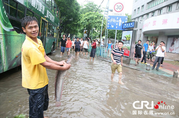 台风过后厦门城区积水 市民“浑水摸鱼”收获丰