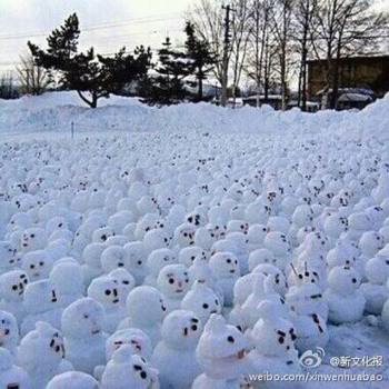 网传“烟台男子大学生堆1314个雪人表白”。微博图