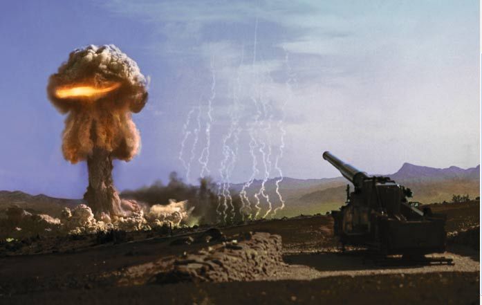 1953年，内华达州试验场，瞭望山实验室的摄影师拍下加农炮发射的原子弹爆炸情景。