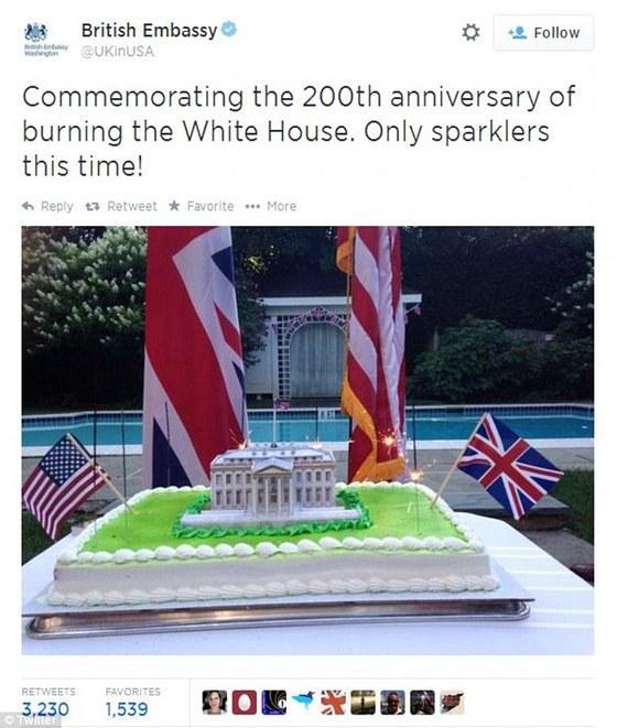 英国外交人员发推特庆祝火烧白宫200周年