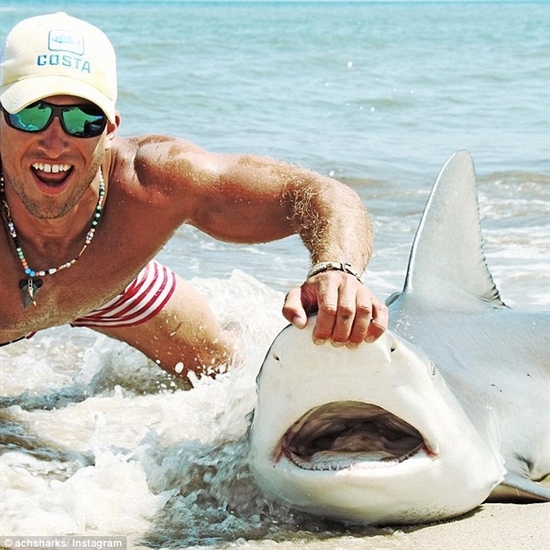 美国男子空手将360斤活鲨鱼拉上岸 曾拉过88条