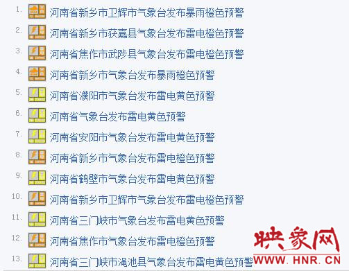7月1日河南发布11个雷电预警 部分地区将有降雨冰雹