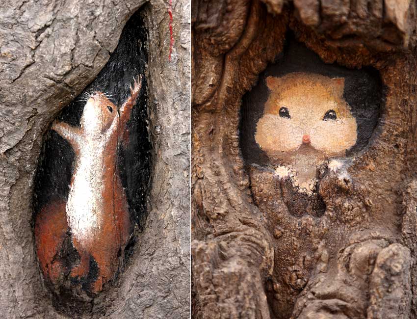 　　3月1日在河北省石家庄市九中街拍摄的王月绘制的“树洞画”作品（拼版照片）