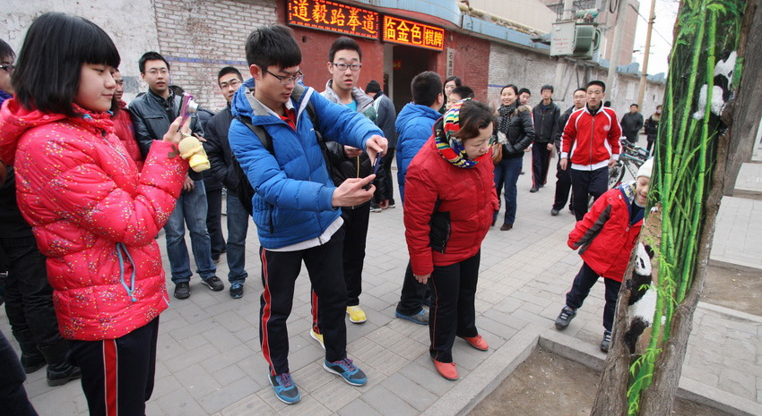 3月1日，在河北省石家庄市九中街，市民在王月创作的“树洞画”作品前拍摄照片。