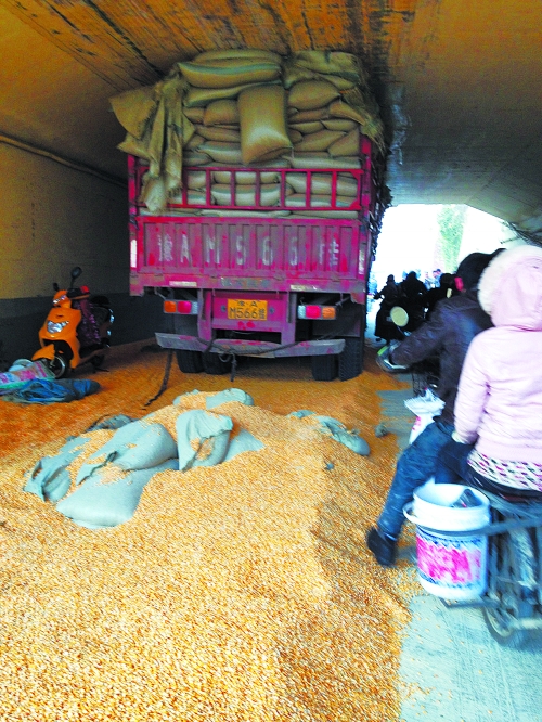 郑州一超高货车被被卡涵洞内 洒落数吨玉米