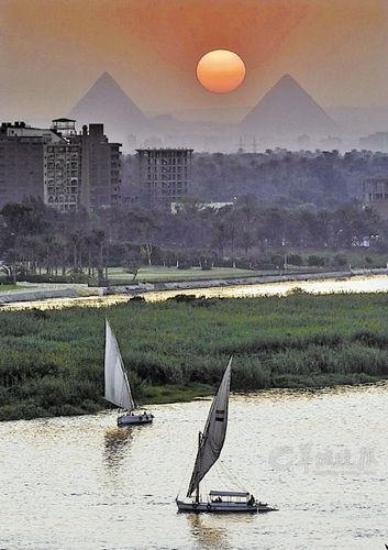 　　埃及首都开罗的吉萨金字塔群与尼罗河日落景色迷人。张宁 摄