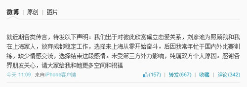 王励勤微博发表声明 确认与刘彦池分手