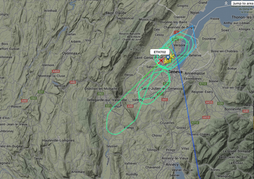 　　Flightradar24网站提供的埃航702航班飞行路线图，可见该航班在日内瓦周边上空兜圈。