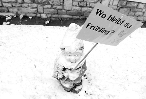 　　德国图林根州,一户居民花园里的小矮人雕像手举告示牌:“春天在哪里?”