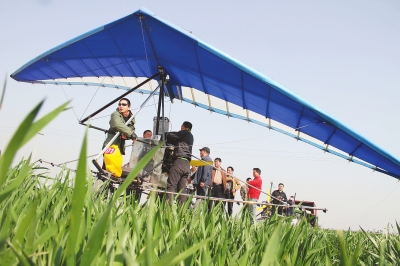 　　4月12日，在武陟县北郭乡韩余村，一架三角翼动力滑翔机在对小麦进行农药喷洒作业。为提升农业生产的