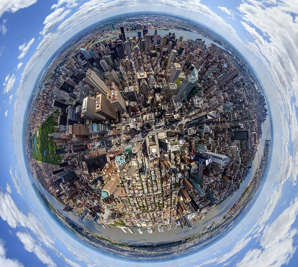 纽约曼哈顿3D城市全景图，看上去如被罩在泡泡中。（网页截图）
