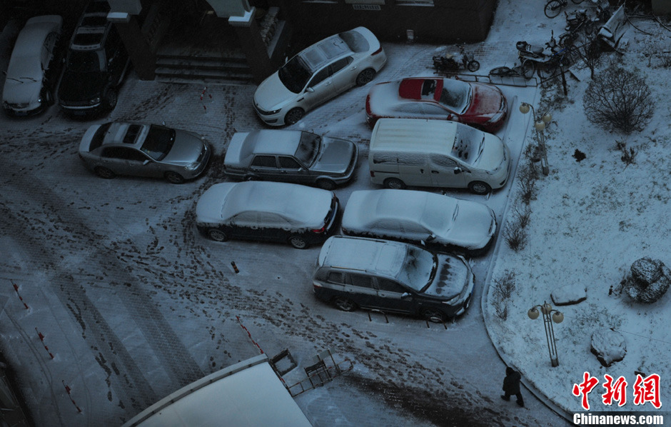 11月18日，沈阳街头车辆被积雪覆盖。