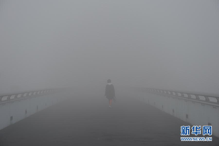 12月5日清晨，在上海市闵行区，行人走在大雾笼罩的天桥上。