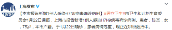 上海新增1例人感染H7N9病毒确诊病例病情危重