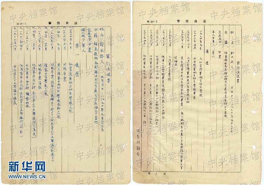 这是日本战犯铃木启久的部分笔供原文（左图）和铃木启久笔供的中文译文（右图）。