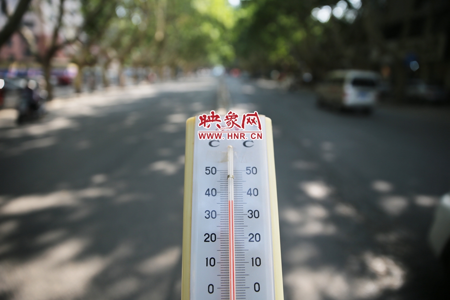 7月8日下午15时30分，人民路树阴处温度为36度，比人防纳凉处高11度。