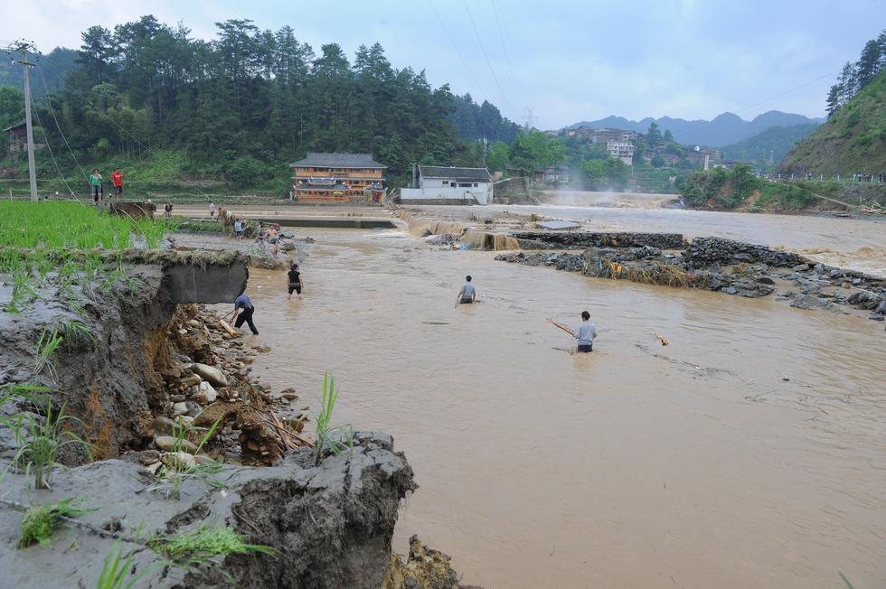 贵州雷山遭暴雨袭击 村民在洪水中淡定捞鱼