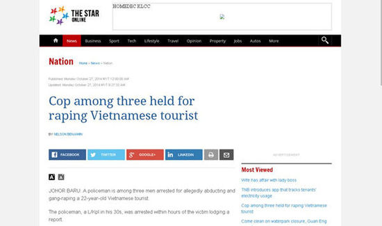 越南女学生在马来西亚旅游遭3人轮奸 1名暴徒系警察