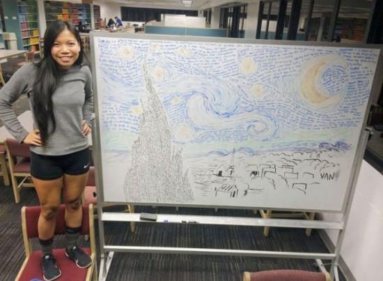大学生作创意笔记 重现梵高经典画作《星空》