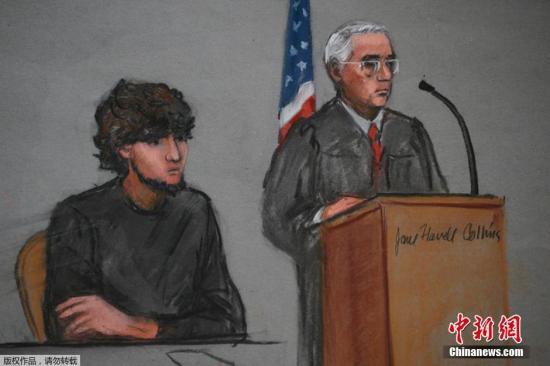 当地时间2015年1月5日，美国波士顿，美国联邦法院对嫌犯焦哈尔·萨纳耶夫进行首日开庭审判。图为开庭首日法院现场素描图。
