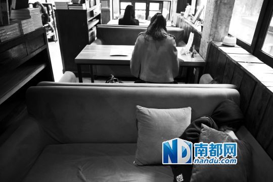 12月12日上午，不打烊书店里，12岁的杨东吃完午饭后抱着抱枕蜷在沙发里睡觉。