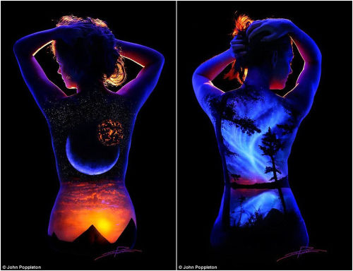艺术家用夜光颜料创作人体彩绘 效果如梦如幻