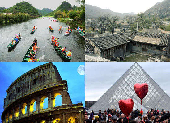 被电视真人秀带火的旅游景点。左上:云南普者黑;右上:北京灵水村;左下:意大利罗马;右下:法国巴黎。